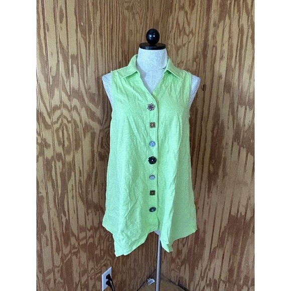 Soft Surroundings Tops - Soft Surroundings Blouse V-Neck Sleeveless Solid Bright Green Top Size M Button